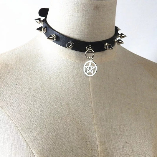 Faux leather studded choker with pentagram
